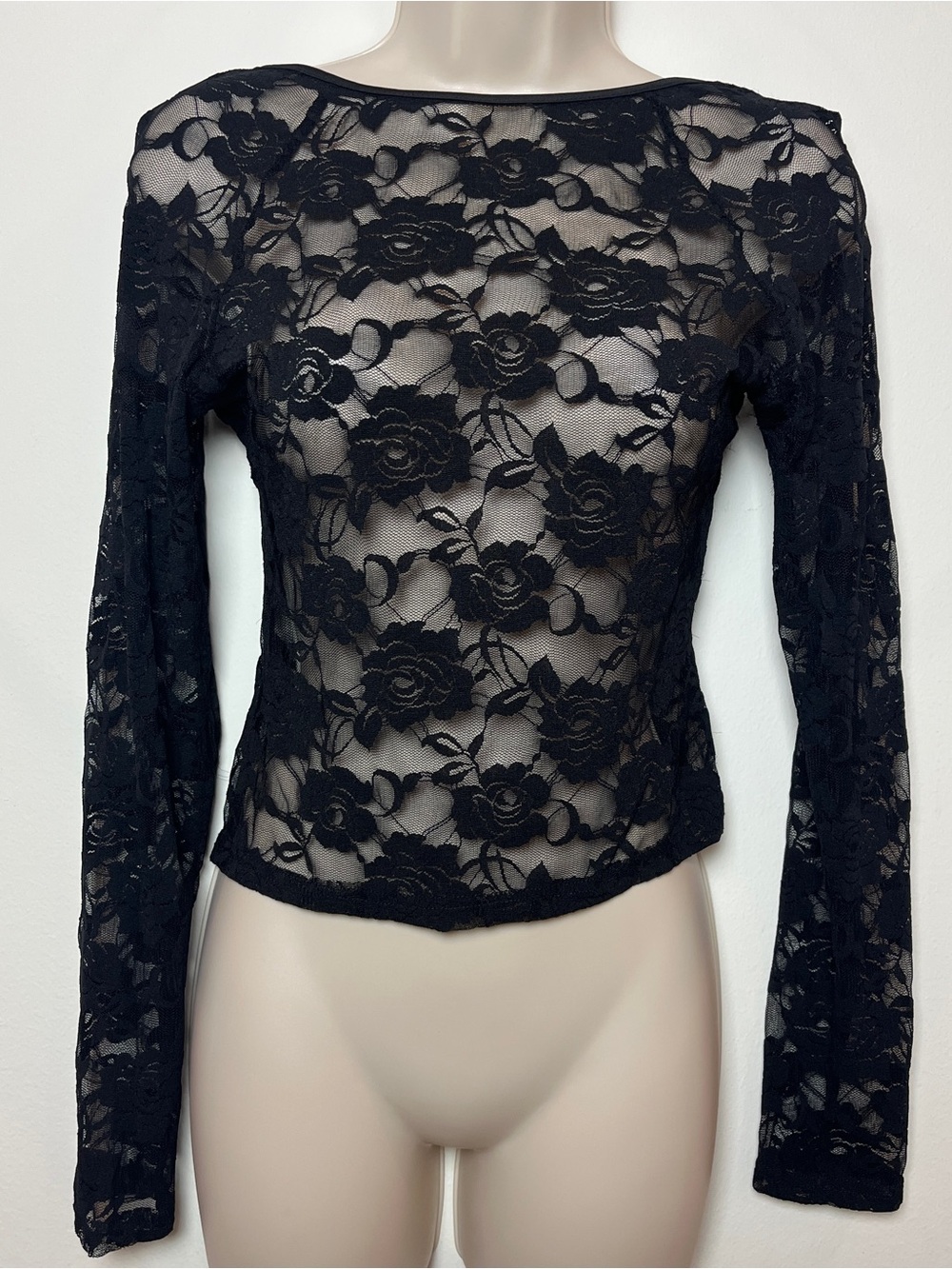 Black Lace Top Long-Sleeve Sheer Whimsigoth Rave Party Grunge Large